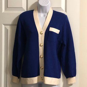 ST JOHN Cardigan Jacket Sweater Sz P Blue & Cream